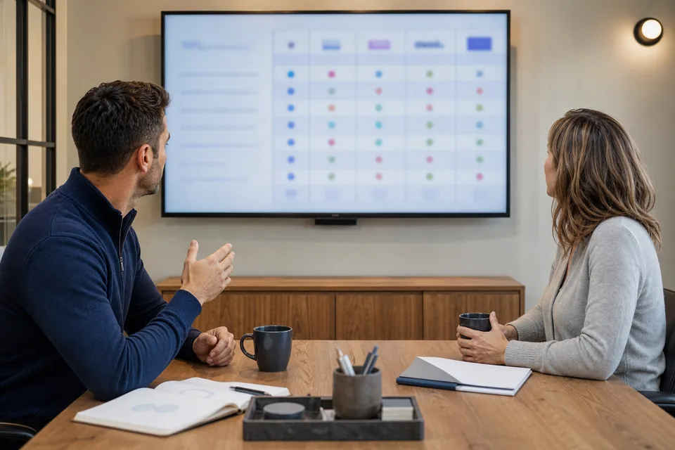 Product marketing manager and sales lead reviewing a competitor comparison in a meeting room