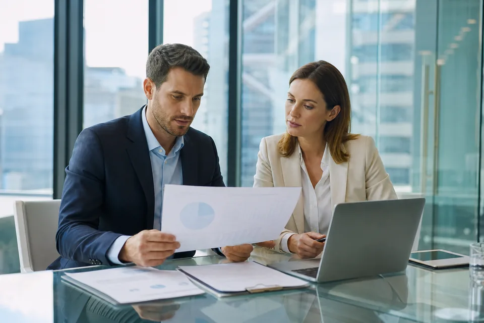 Sales director and finance colleague reviewing an annual software contract in a meeting room