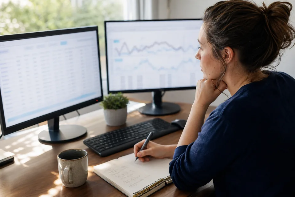 PPC manager comparing competitor research data on two monitors with a budget notebook