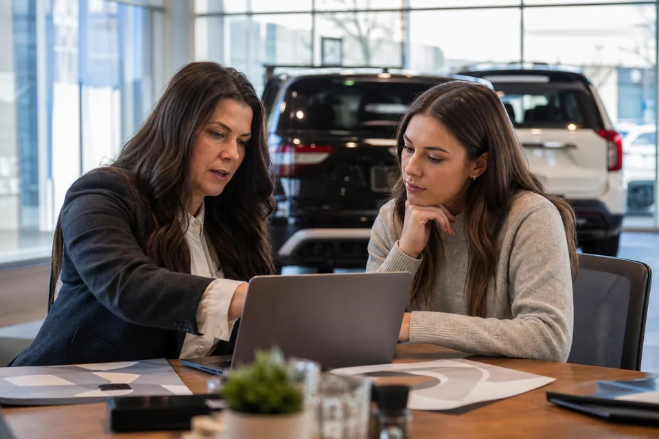 Dealership marketing manager and an ads specialist reviewing rival dealer ads on a laptop in a showroom office