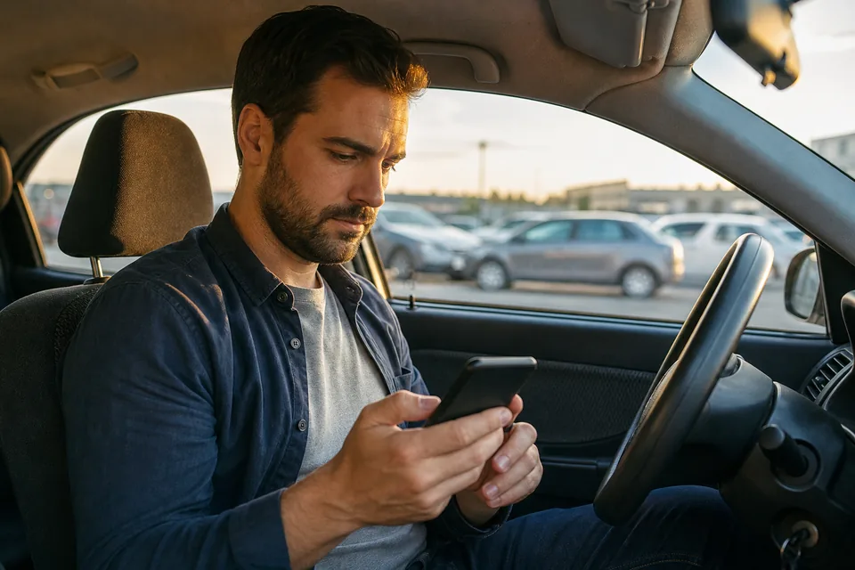 Driver sitting in his car in a parking lot searching for a nearby repair shop on his phone