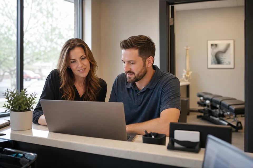 Chiropractic clinic owner and a marketing consultant reviewing competitor ads on a laptop at the front desk
