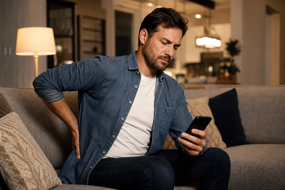 Man with lower back pain searching on his phone for a chiropractor near him from his couch