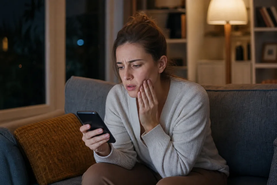Woman with a toothache searching for an emergency dentist on her phone at home