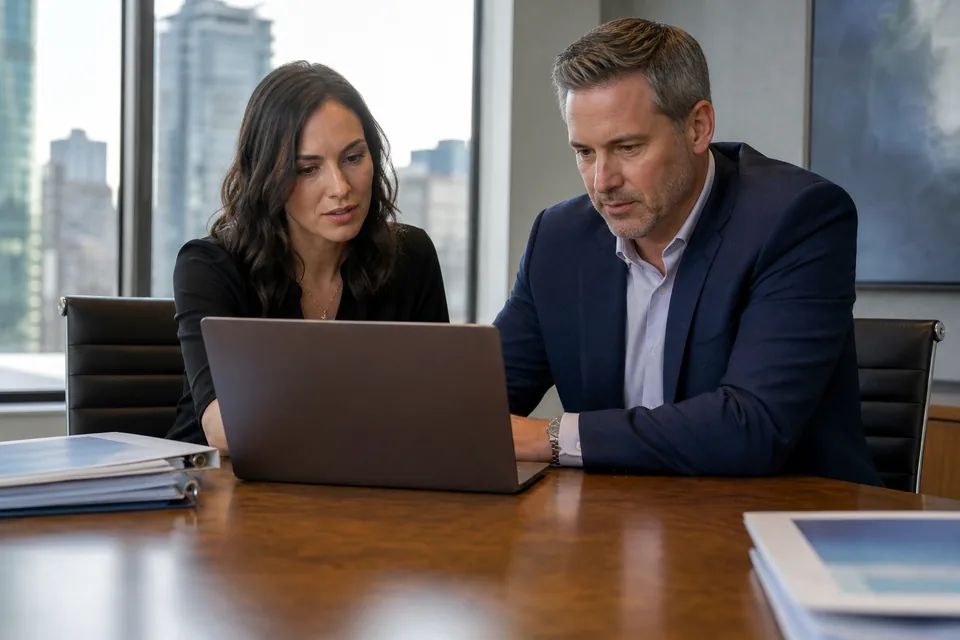 Financial advisor and a marketing coordinator reviewing rival firm ads on a laptop in a wealth management office