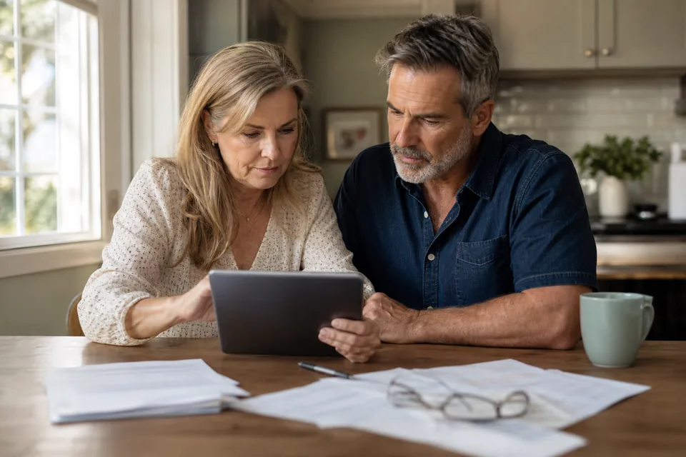 Couple in their late fifties searching for a retirement planning advisor on a tablet at their kitchen table