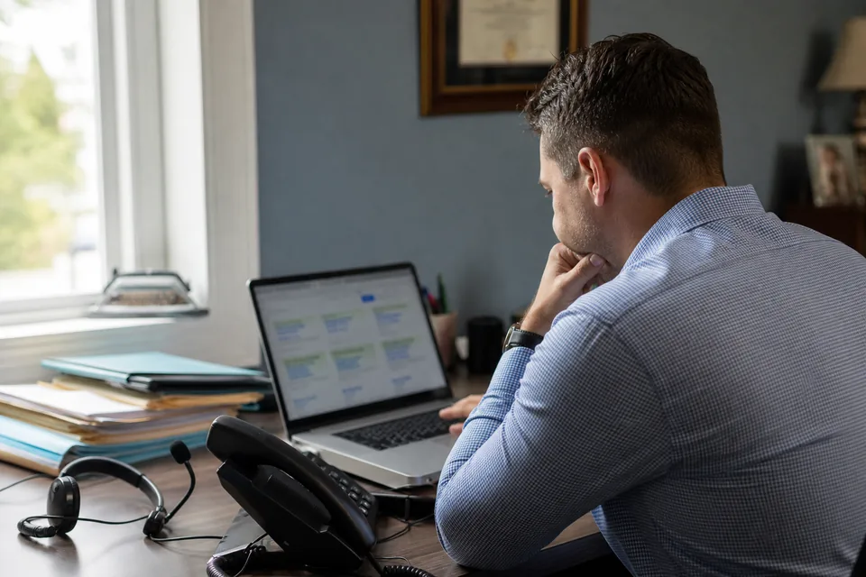 Independent insurance agent reviewing competitor ads on a laptop in a small agency office
