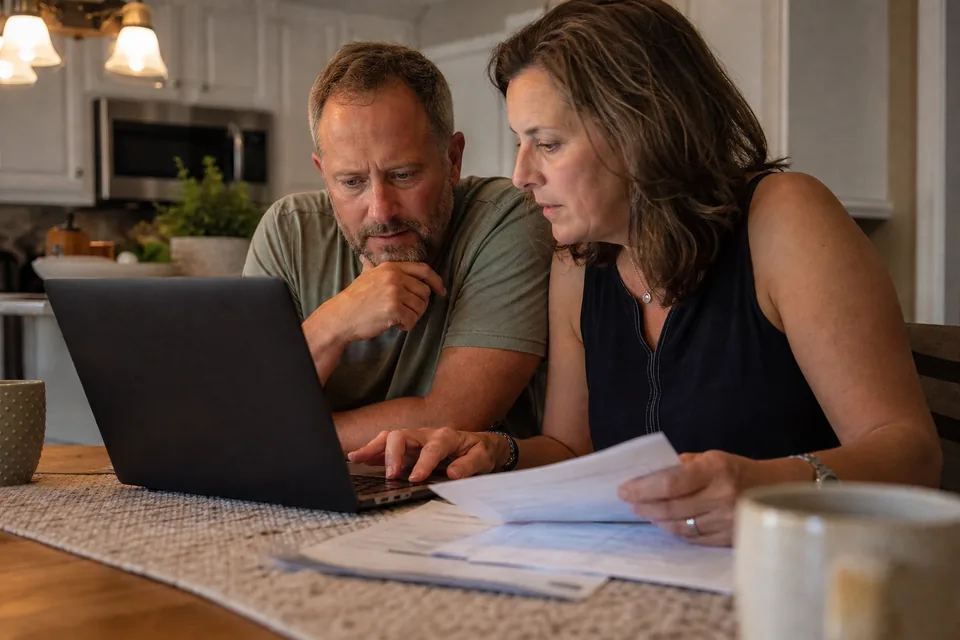 Couple at a kitchen table comparing insurance quotes on a laptop in the evening