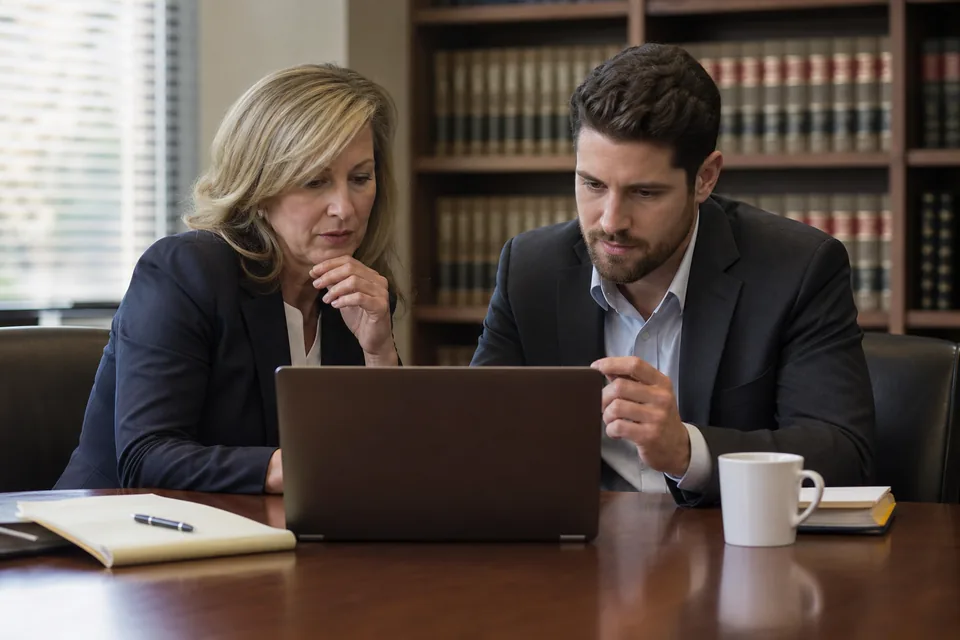 Law firm partner and marketing coordinator reviewing competing firms' ads on a laptop in a conference room