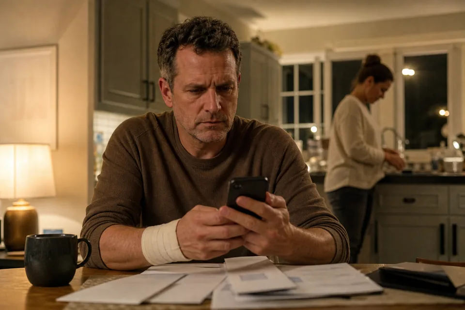 Injured man at a kitchen table searching for an accident lawyer on his phone at night