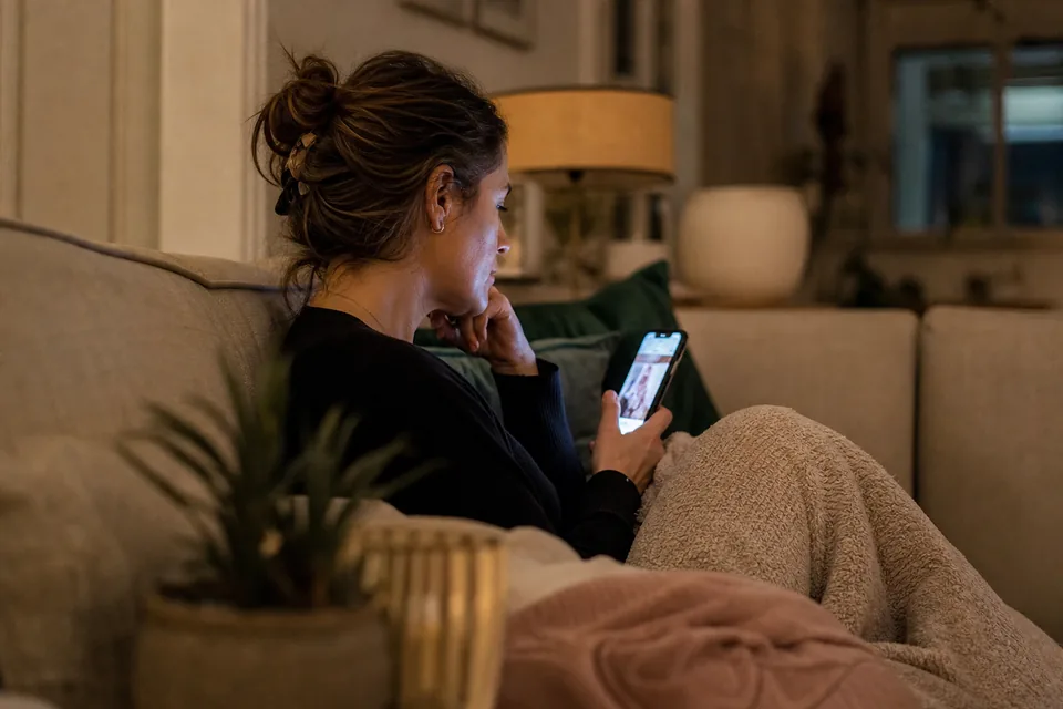 Woman on a sofa comparing med spa treatments on her phone in the evening