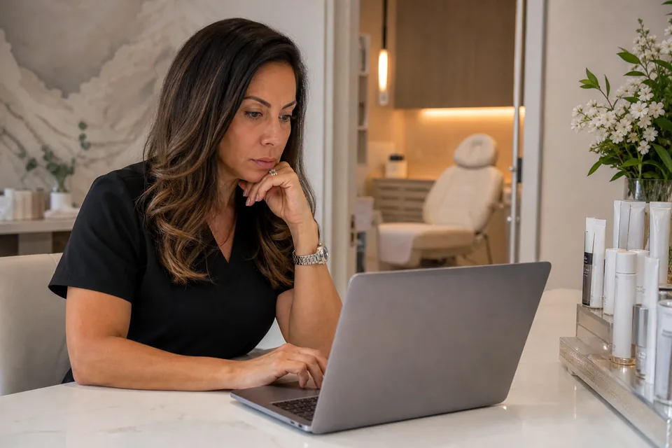 Med spa owner reviewing competitor ads on a laptop at a bright clinic front desk