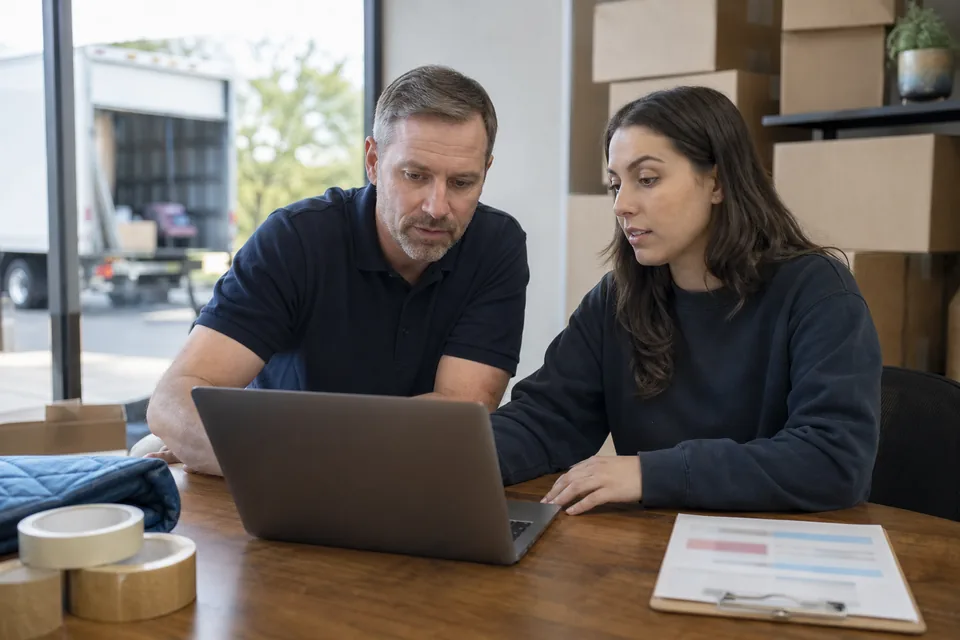 Moving company owner and office manager reviewing rival movers' ads on a laptop in the office