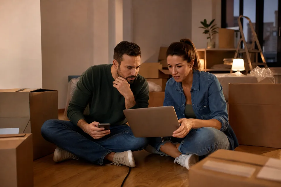 Couple among packed boxes comparing moving company quotes on a phone and a laptop