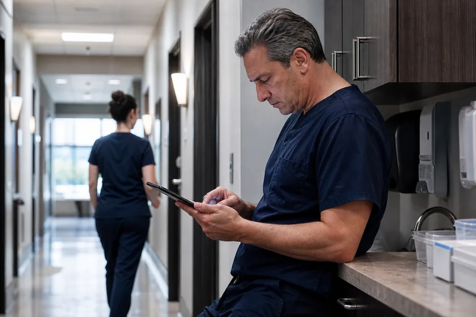 Plastic surgeon reading competitor practice ads on a tablet between consultations