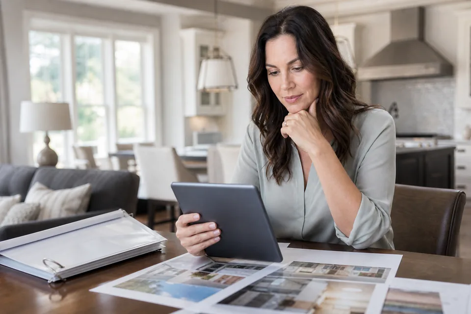 Real estate agent reviewing competitor ads on a tablet in a staged home