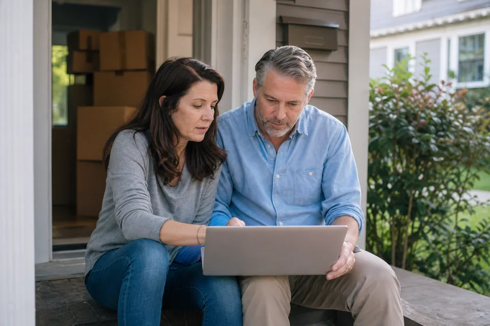 Homeowners on their porch searching for a listing agent on a laptop