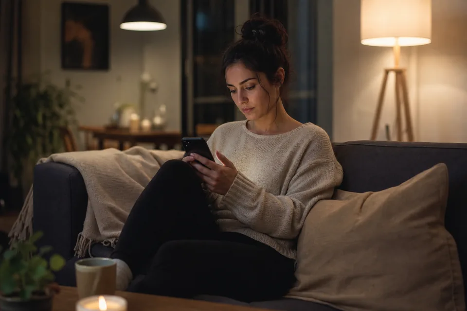 Woman searching on her phone for a therapist from her sofa at night