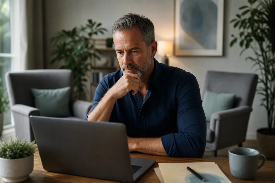 Therapy practice owner reviewing competitor ads on a laptop in a counseling office